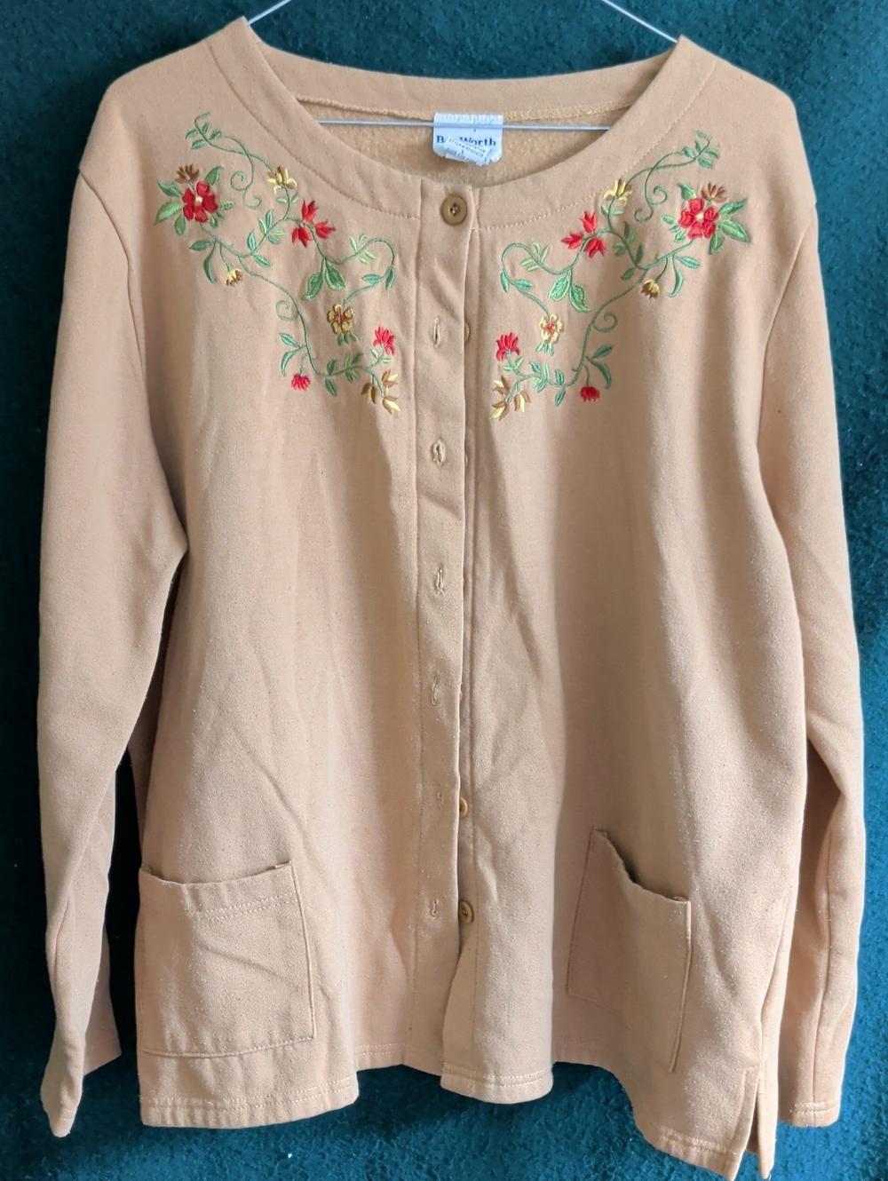 Bon Worth Tan Embroidered Floral Button-Front Cardigan